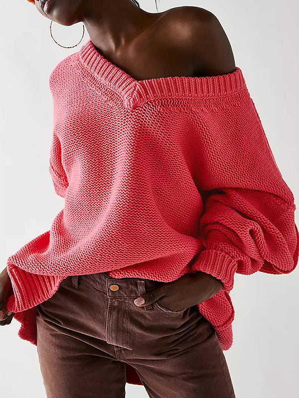 Solid Color Velvet Long Sleeves Loose V-Neck Sweater Tops Pullovers