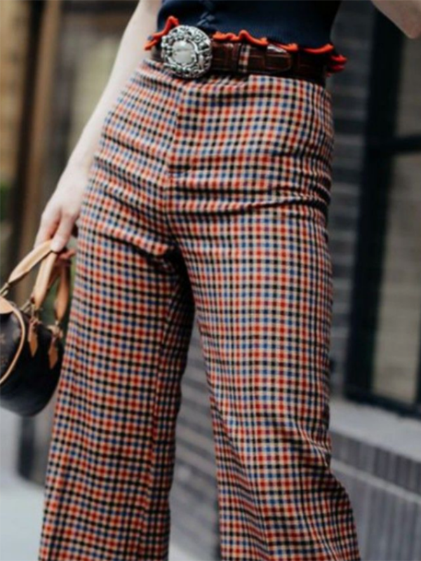 Contrast Color Plaid Column Trousers Casual Pants Bottoms
