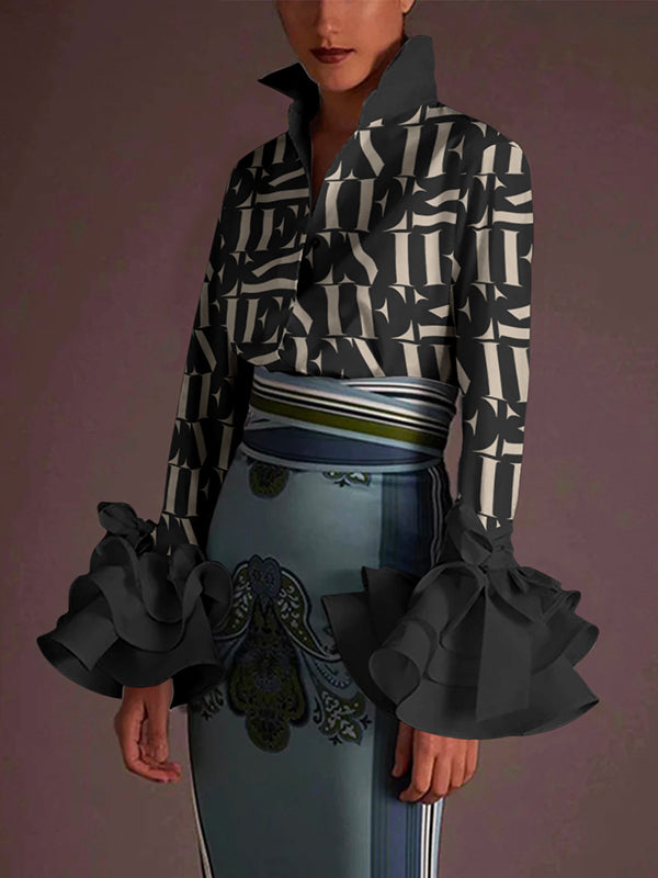Buttoned Letter Print Flared Sleeves Long Sleeves Lapel Blouses&Shirts Tops