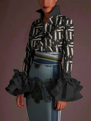 Buttoned Letter Print Flared Sleeves Long Sleeves Lapel Blouses&Shirts Tops
