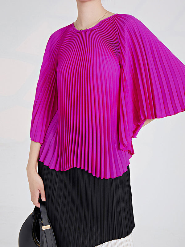 Pleated Solid Color Batwing Sleeves Loose Round-Neck T-Shirts Tops