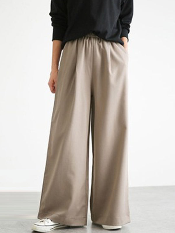 Elasticity Solid Color Split-Joint Wide Side High Waisted Wide Leg Trousers Pants