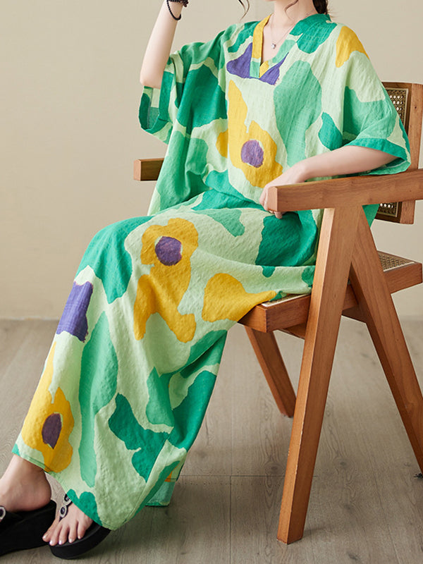 Color-Block Contrast Color Batwing Sleeves Loose Round-Neck Maxi Dresses