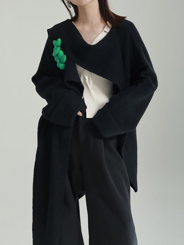 Asymmetric Three-Dimensional Flower High-Low Long Sleeves Round-Neck Cardigan Tops