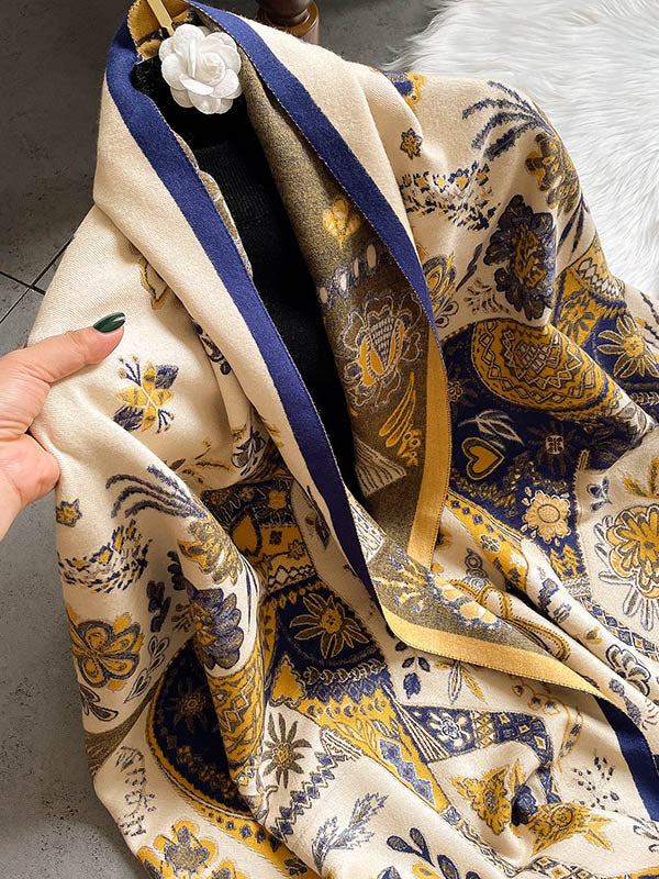 Vintage Knitting Tasseled Jacquard Imitated Cashmere Scarf Shawl