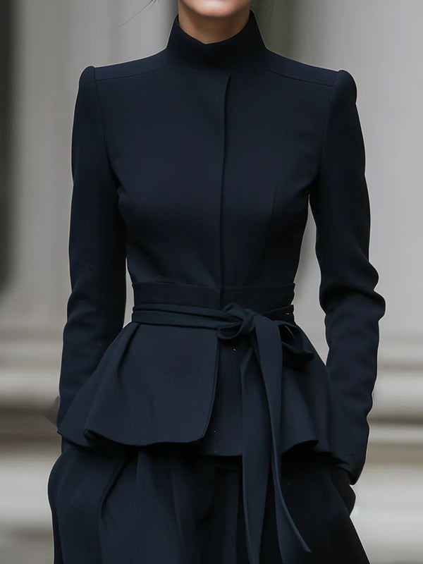 Long Sleeves Solid Color Tied Waist Mock Neck Outerwear