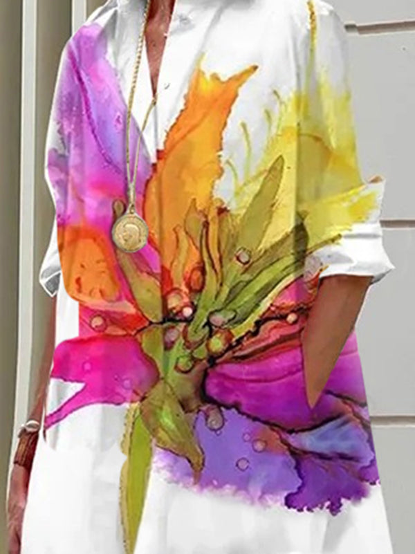 Floral Printed Split-Joint Long Sleeves Loose Lapel Shirt Dress Midi Dresses