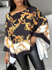 Printed Batwing Sleeves Loose Round-neck Blouses&shirts Tops