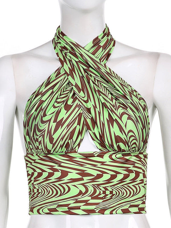 Backless Hollow Printed Skinny Sleeveless Halter-Neck Vest Top