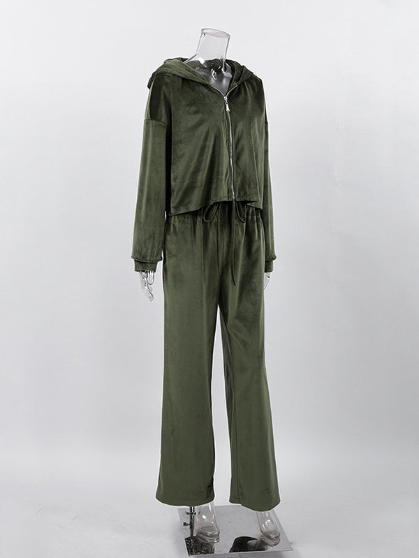 Hooded Velvet Zipper Long Sleeves Solid Color Sweatshirt Top + Drawstring Elasticity Pockets Pants Bottom Two Pieces Set