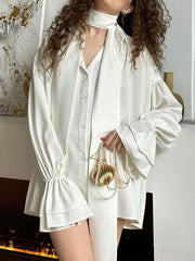 Double Layered Elasticity Solid Color Tied Flared Sleeves Long Sleeves V-Neck Blouses&Shirts Tops