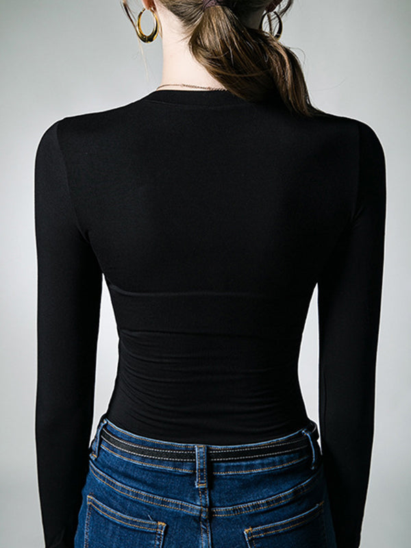 Hollow Solid Color Long Sleeves Skinny Asymmetric Collar T-Shirts Tops