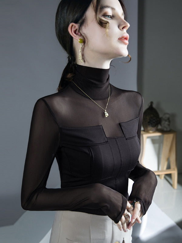 See-Through Solid Color Split-Joint Long Sleeves Skinny High Neck Blouses&Shirts Tops