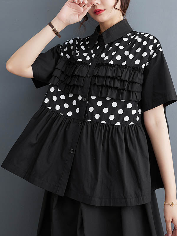 Contrast Color Pleated Polka-Dot Split-Joint Loose Short Sleeves Lapel Blouses