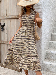 Buttoned Drawstring Pockets Printed Split-Joint A-line High Waisted V-neck Midi Dresses