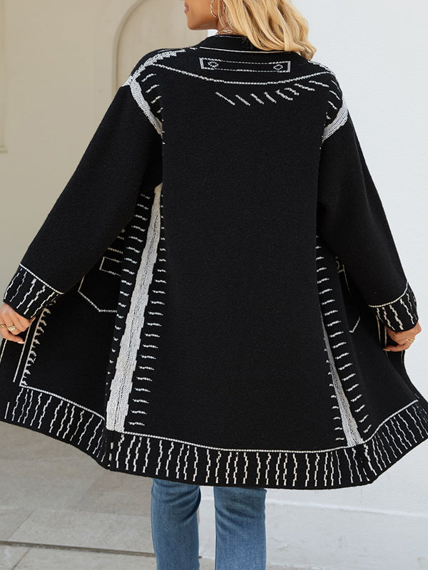 Jacquard Split-Joint Long Sleeves Loose V-Neck Cardigan Tops