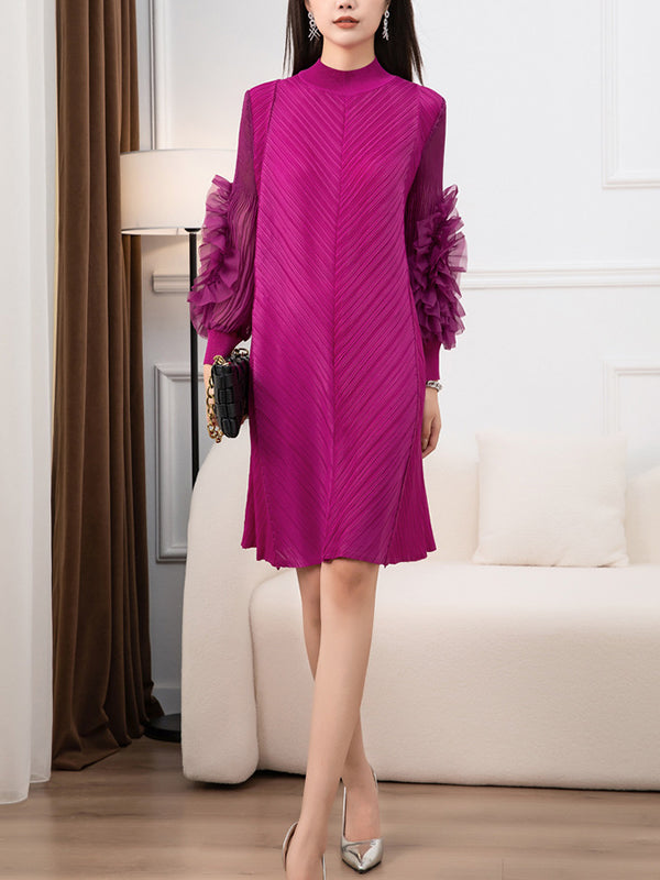 Embroidered Pleated Solid Color Long Sleeves Loose Round-neck Midi Dresses