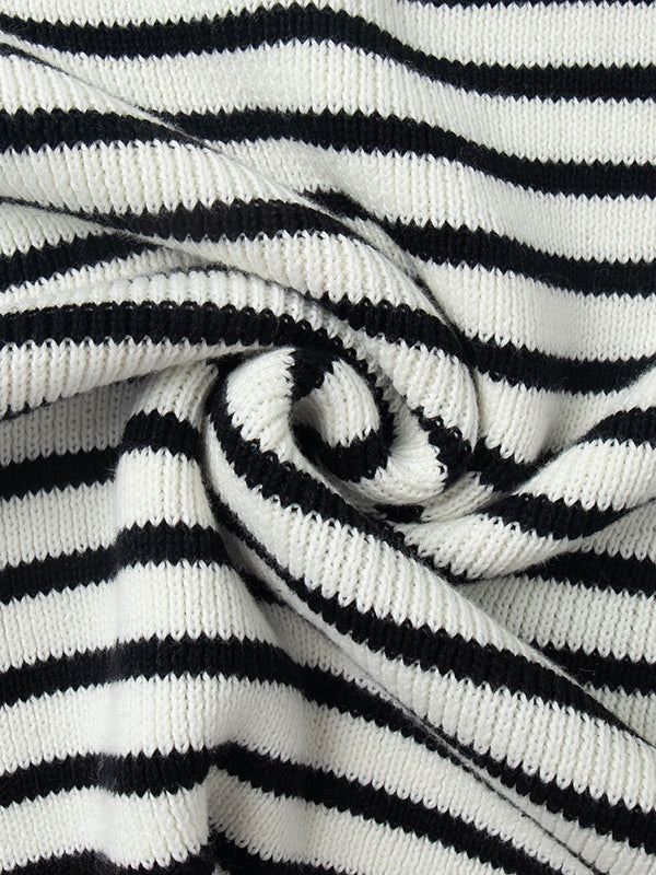 Split-Joint Striped Long Sleeves Loose Lapel Sweater Tops