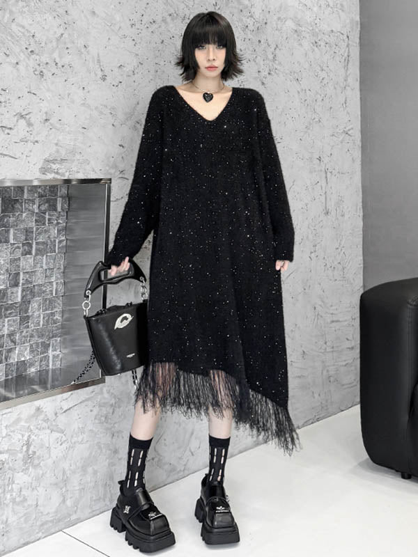 Contrast Color Sequined Shiny Split-Joint Tasseled Irregularity Long Sleeves V-Neck Sweater Dresses Midi Dresses