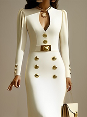 Buttoned Solid Color Long Sleeves Puff Sleeves Deep V-Neck Midi Dresses