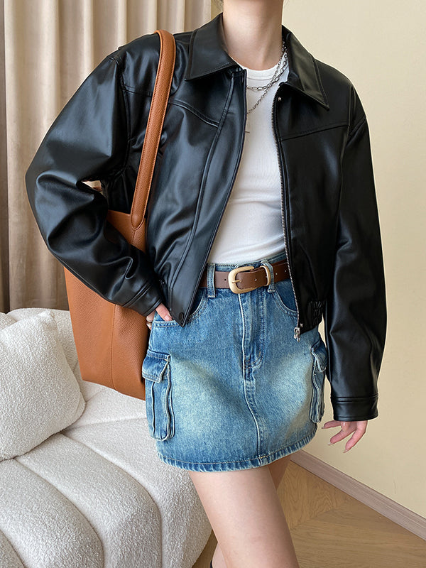 Solid Color Split-Joint Zipper Long Sleeves Loose Lapel Jackets&Coats
