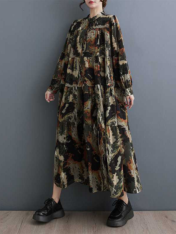 Pleated Printed Split-Joint A-Line Long Sleeves Round-Neck Midi Dresses