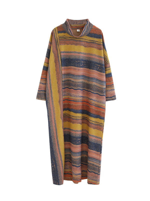 Asymmetric Striped A-Line Long Sleeves High Neck Midi Dresses