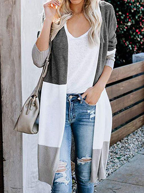 Contrast Color Long Sleeves Loose V-Neck Cardigan Tops