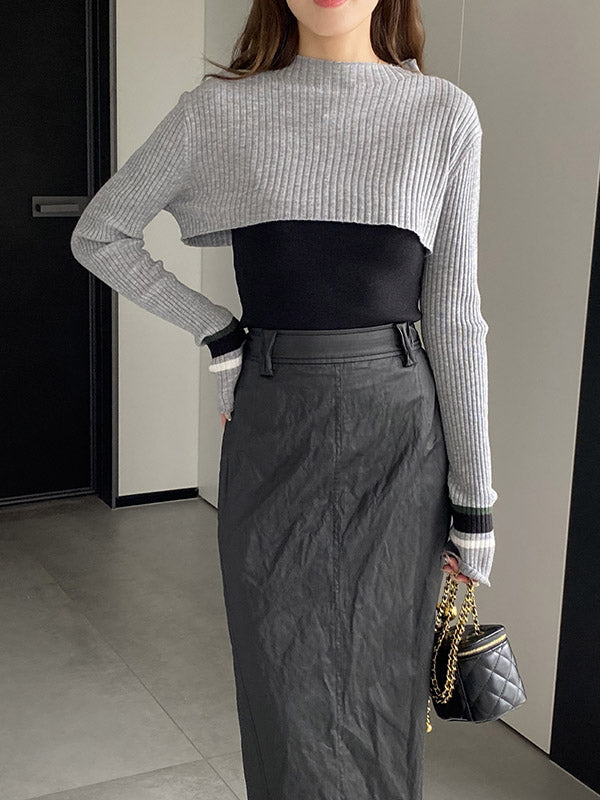 Contrast Color Long Sleeves Loose Round-Neck Two Pieces Set Cover-Ups Tops