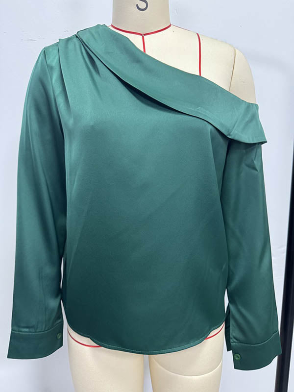 Pleated Solid Color Split-Joint Long Sleeves Skinny One-Shoulder Blouses&Shirts Tops