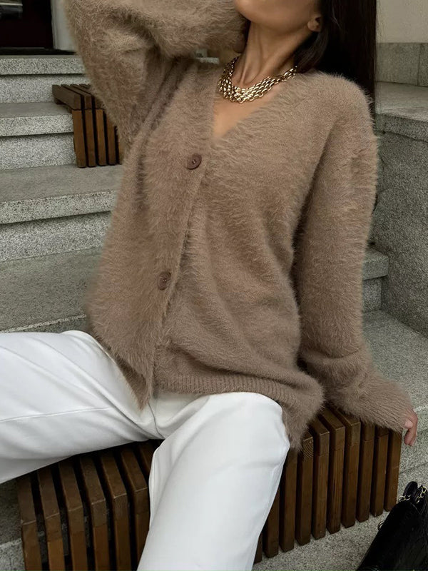 Buttoned Solid Color Long Sleeves Loose V-Neck Cardigan Tops