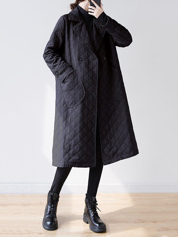 Buttoned Pockets Quilted Long Sleeves Loose Notched Collar Padded Coat