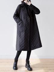 Buttoned Pockets Quilted Long Sleeves Loose Notched Collar Padded Coat