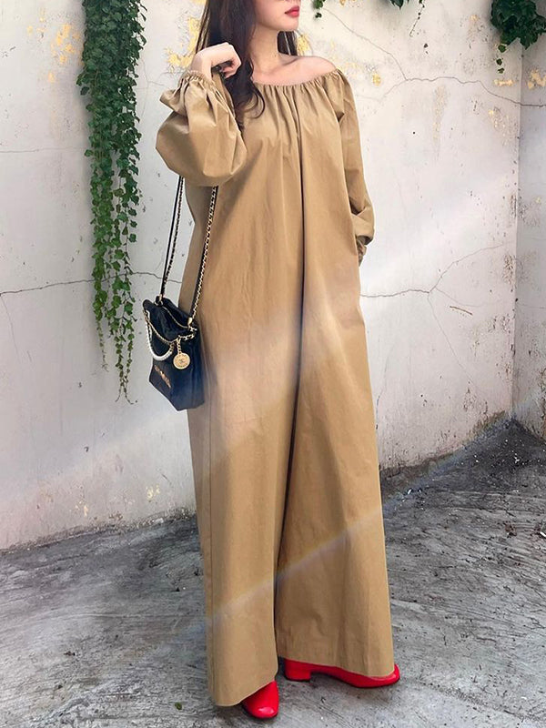 Elasticity Pleated Pockets Solid Color Long Sleeves Loose Round-neck Jumpsuits