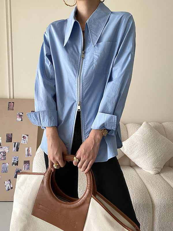 Long Sleeves Solid Color Zipper Lapel Collar Blouses