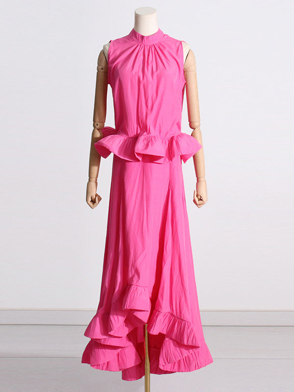 Pleated Ruffled Solid Color High Waisted High-Low Mock Neck Two Pieces Set