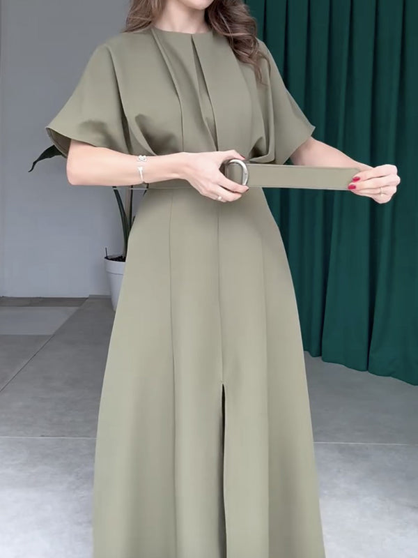 Loose Raglan Sleeve Pleated Split-Front Split-Joint Tied Waist Round-Neck Maxi Dresses