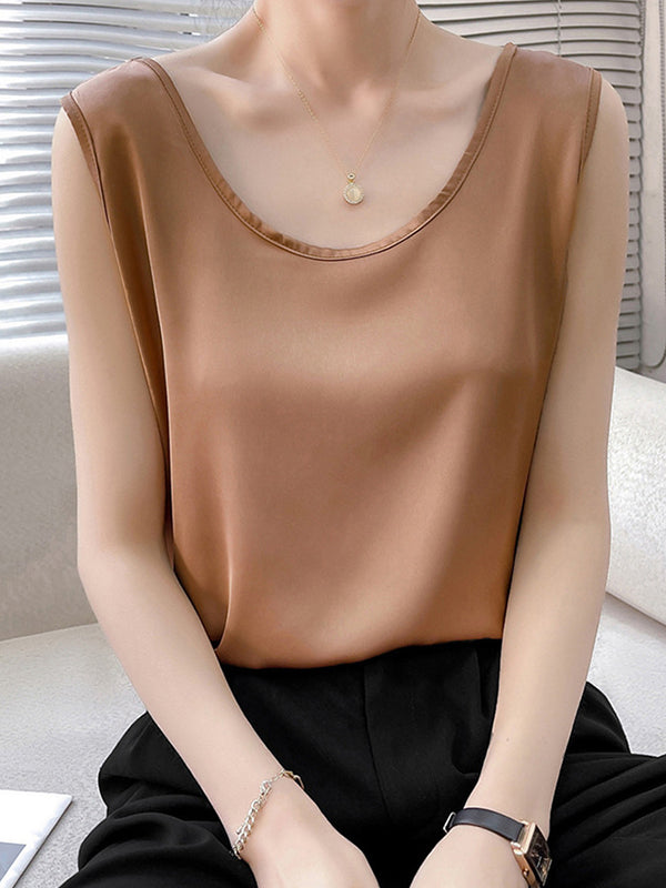 Solid Color Loose Sleeveless Round-Neck Vest Top