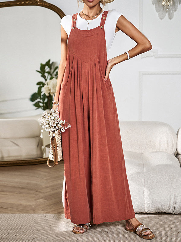 Pleated Pockets Split-Joint Loose Sleeveless Spaghetti-Neck Overalls