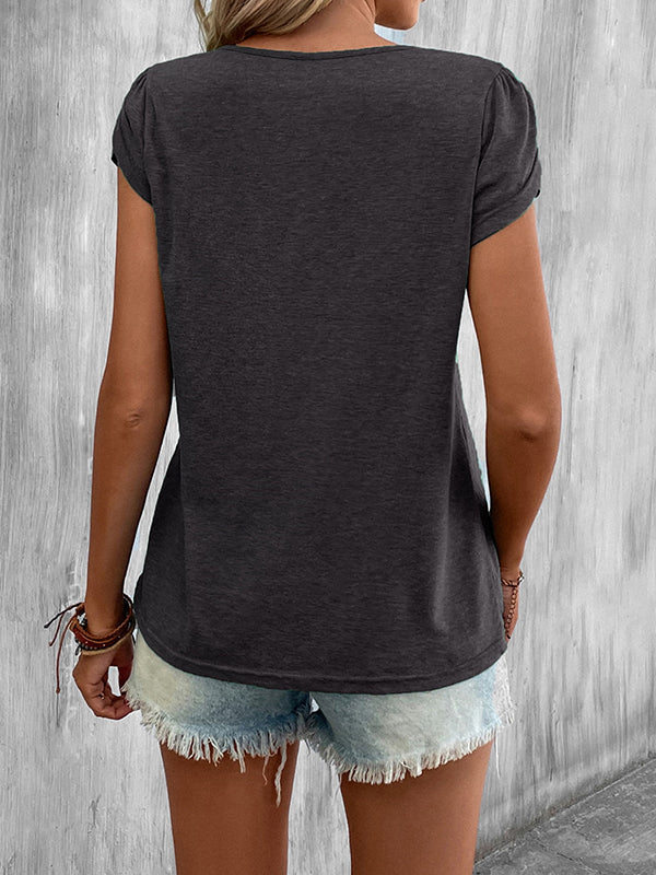 Solid Color Loose Short Sleeves V-neck T-Shirts Tops