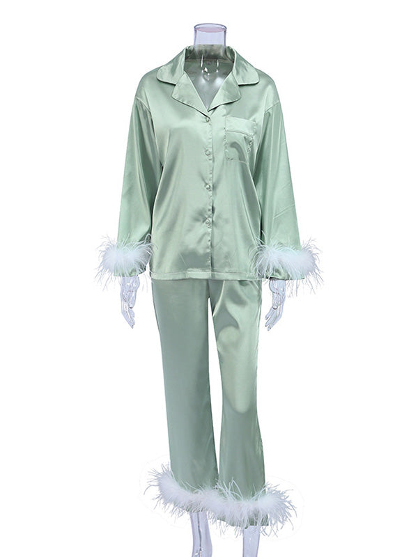 Notched Collar Long Sleeves Buttoned Feathers Split-Joint Shirts Top + Pants Bottom Pajama Sets