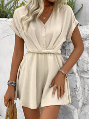 Pleated Solid Color Split-Joint Loose Raglan Sleeve V-neck Rompers