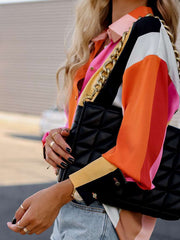Contrast Color Printed Long Sleeves Loose Lapel Blouses