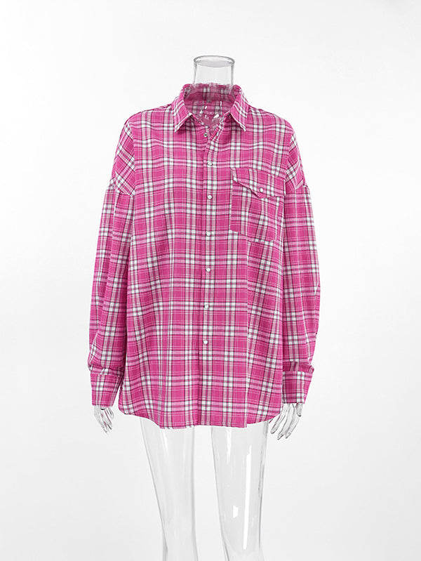 Buttoned Plaid Pockets Long Sleeves Loose Lapel Blouses&Shirts Tops