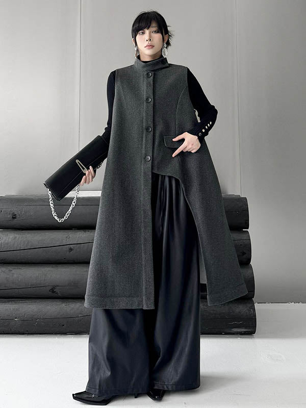 Asymmetric Buttoned Solid Color Split-Joint High-Low Irregularity Stand Collar Padded Vest Outerwear