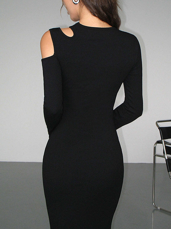 Hollow Solid Color Long Sleeves Skinny Cold Shoulder Maxi Dresses