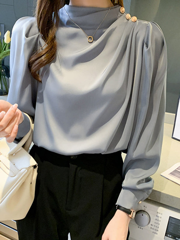 Pleated Split-Joint Loose Puff Sleeves High Neck Blouses&shirts Tops