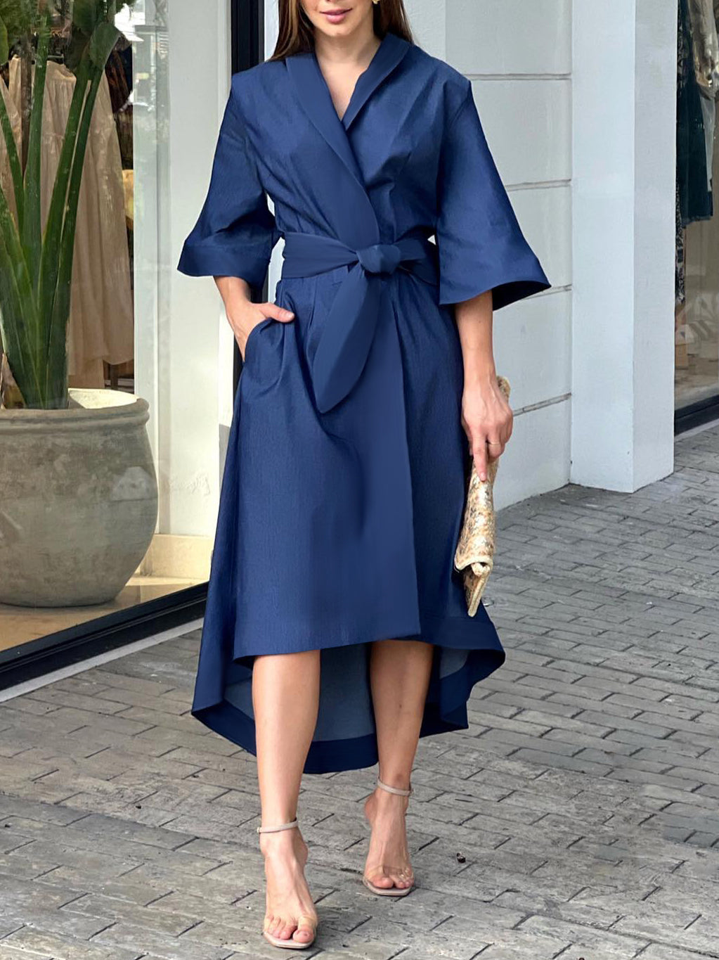 High-Low Loose Solid Color V-Neck Maxi Dresses Midi Dresses