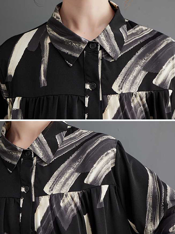 Pleated Printed Split-Joint Long Sleeves Loose Lapel Blouses