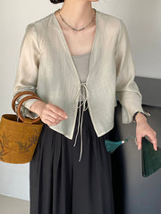 Long Sleeves Lace-Up See-Through Solid Color Blouses&Shirts Tops